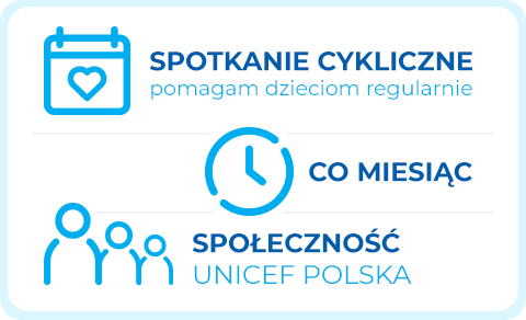 Grafika: kalendarz z sercem symbolizujący cykliczne - miesięczne - spotkanie społeczności UNICEF, aby wspólnie, regularnie pomagać dzieciom