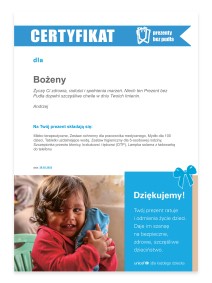 UNICEF Polska - Prezenty bez Pudła - certyfikat okolicznościowy (wzór)